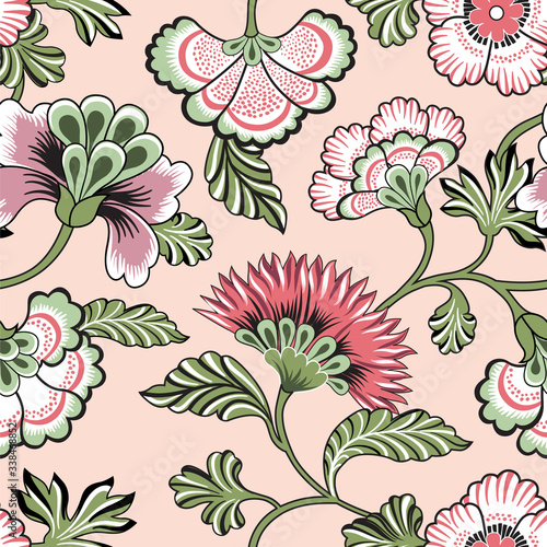 Floral seamlessl pattern. Ornamental backdrop design with fantastic flowers and leaves. Flourish tiled background.