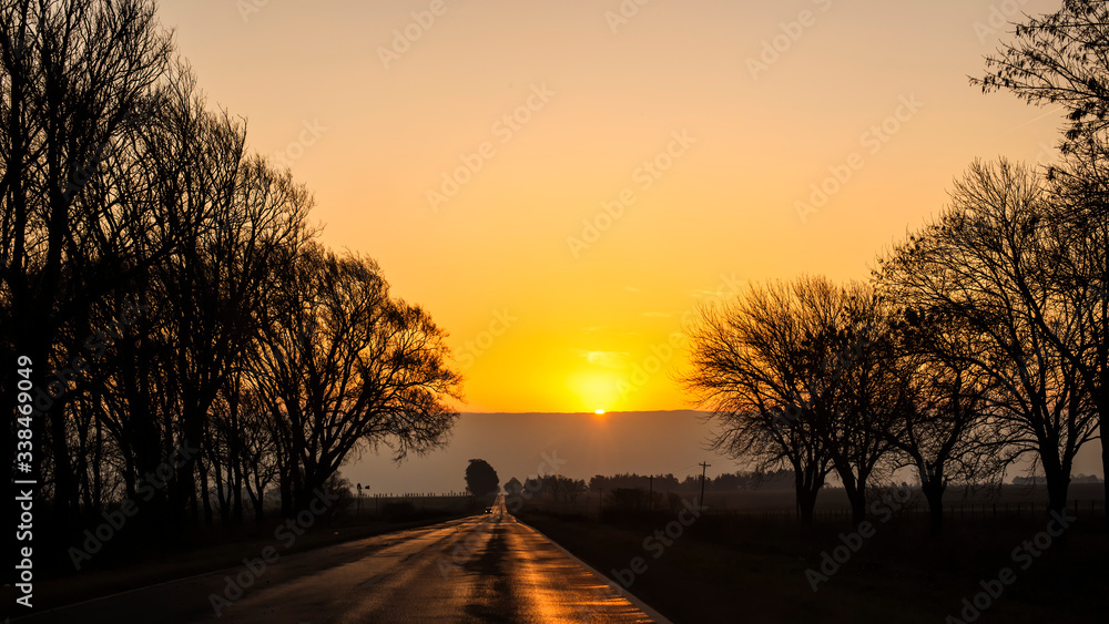 Imagen de una carretara terrestre con árboles a los lados durante el atardecer/ amanecer Imagen de una carretara terrestre con árboles a los lados durante el atardecer/ amanecer