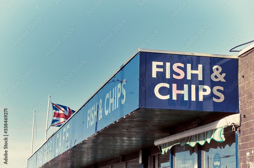A vintage retro traditional british seaside fish and chips cafe sign ...