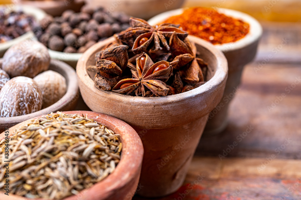 Indian spices collection, dried aromatic star anise and another spices in clay bowls Indian spices collection, dried aromatic star anise and another spices in clay bowls