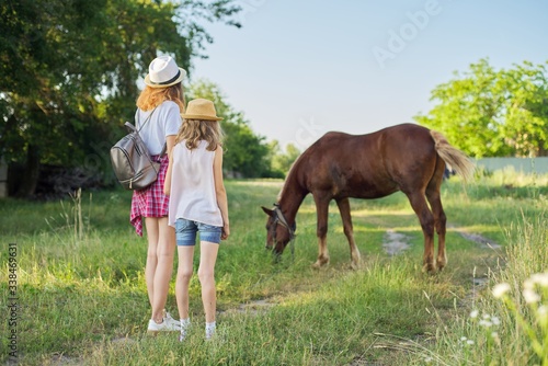 Children two girls photographing farm horse on smartphone