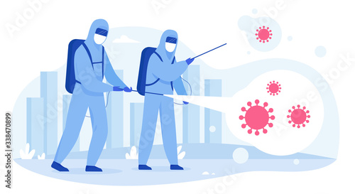 Scientists in hazmat suits sanitizing, cleaning and disinfecting city streets from Covid-19 corona virus. Epidemic coronavirus pandemia concept flat vector illustration.