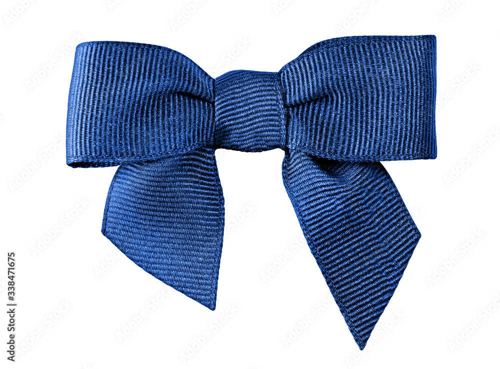 A decorative blue bow of ribbon isolated on a white background A decorative blue bow of ribbon isolated on a white background