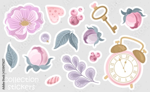 Romantic stickers with flowers, branches and cute elements. Printing on paper, fabric,
 and tableware. Vector illustration.