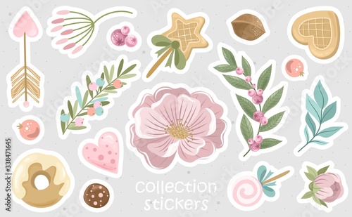 Romantic stickers with flowers, branches and cute elements. Printing on paper, fabric,
 and tableware. Vector illustration.