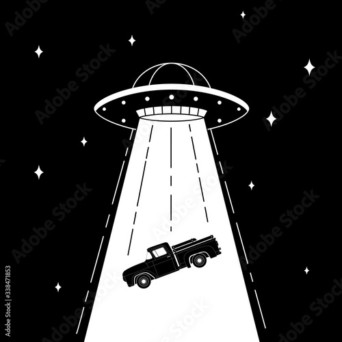 UFO abducts farmer pickup truck. Concept