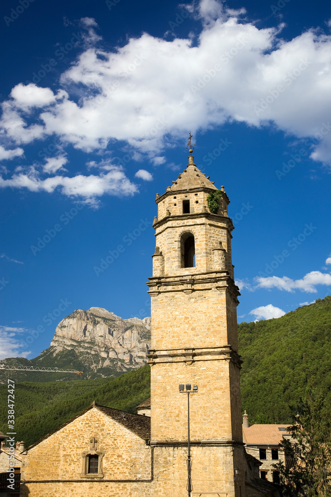 Old church tower with views of Parque National de Ordesa near Ainsa, Huesca, Spain in Pyrenees Mountains