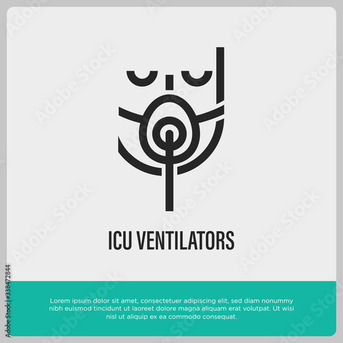 ICU ventilator thin line icon. Man in mask for mechanical ventilation of lungs. Medical treatment for Covid-19. Healthcare and medical vector illustration.