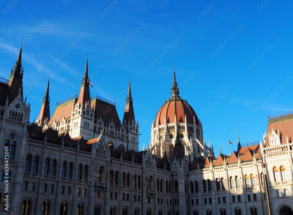 View of the Hungarian Parliament Building (Orszaghaz) in Budapest, Hungary. It is the seat of the National Assembly of Hungary and a popular tourist destination in Budapest.