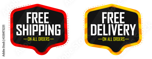 Free Shipping and Free Delivery tags, promo banners design template, vector illustration