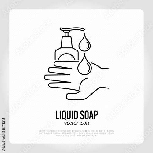 Washing hands with liquid soap. Thin line icon. Hygiene for prevention coronavirus. Healthcare and medical vector illustration.
