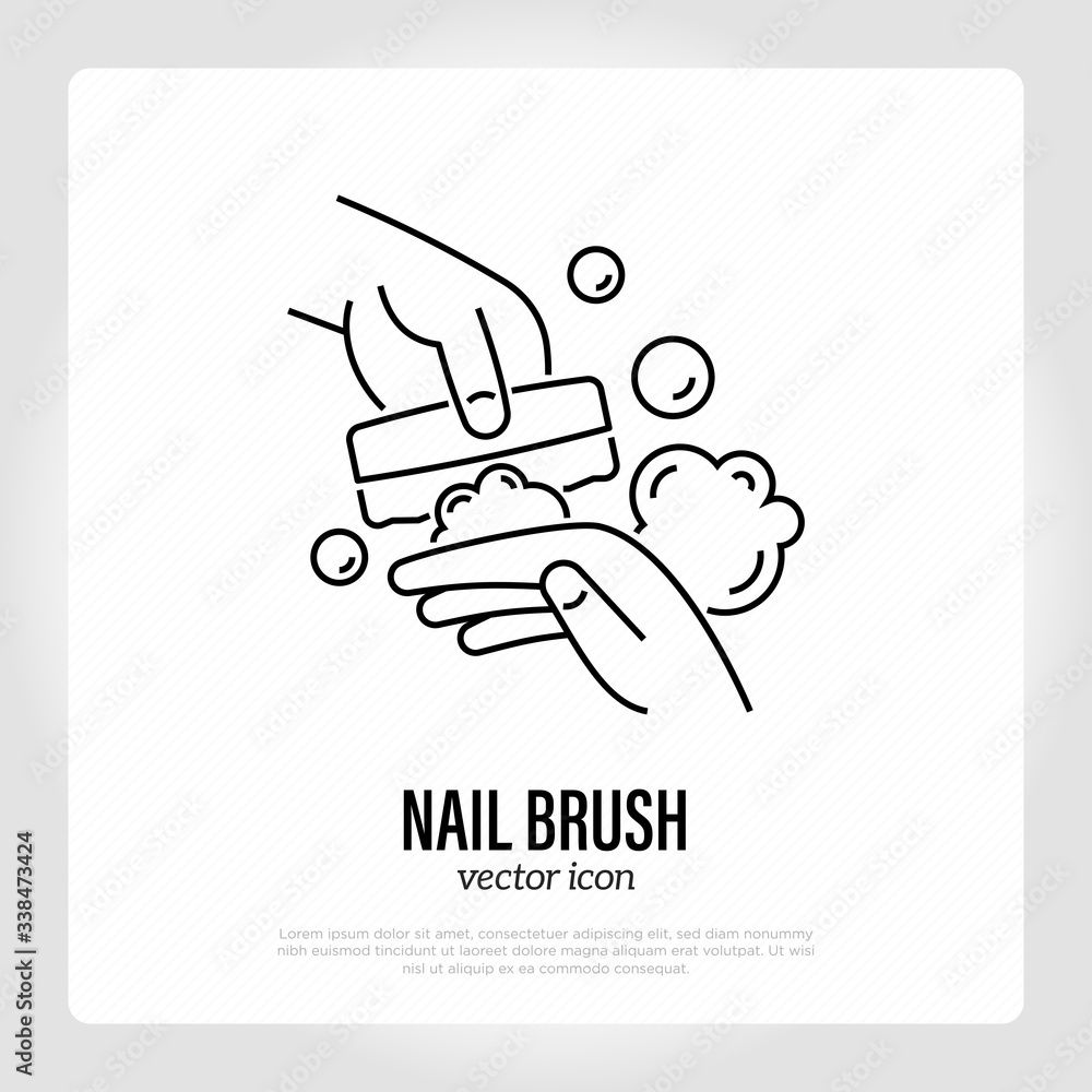 Washing hands by nail brush with soap bubbles. Thin line icon. Hygiene for prevention COVID-19. Healthcare and medical vector illustration. Washing hands by nail brush with soap bubbles. Thin line icon. Hygiene for prevention COVID-19. Healthcare and medical vector illustration.