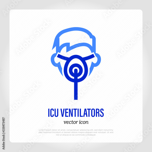 ICU ventilator thin line icon. Man in mask for mechanical ventilation of lungs. Medical treatment for Covid-19. Healthcare and medical vector illustration.