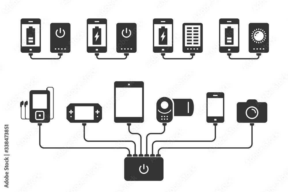 Silhouettes Smartphone, Tablet, E-Book, Player, Camera and Camcorder Charged by Powerbank Silhouettes Smartphone, Tablet, E-Book, Player, Camera and Camcorder Charged by Powerbank