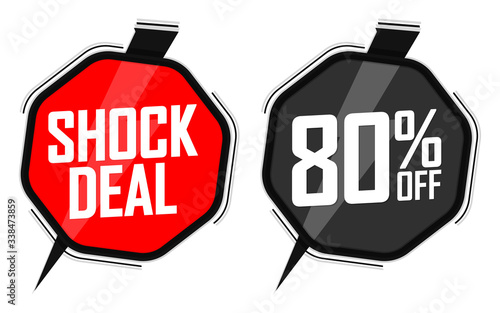 Shock Deal, 80% off, sale banners design template, discount tags, vector illustration