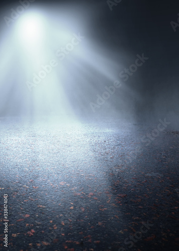 Dark abstract scene background. Moonlight reflection on the pavement. Smoke  smog and fog