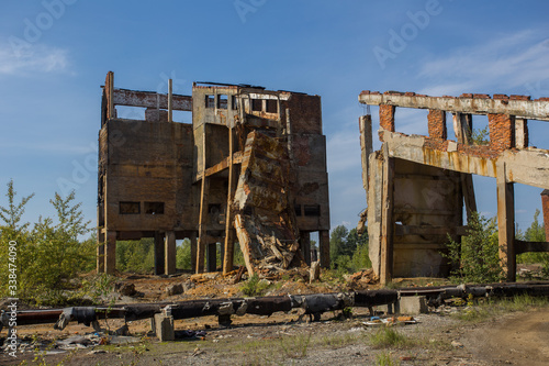 Ruins of abandoned mining headframe buidings