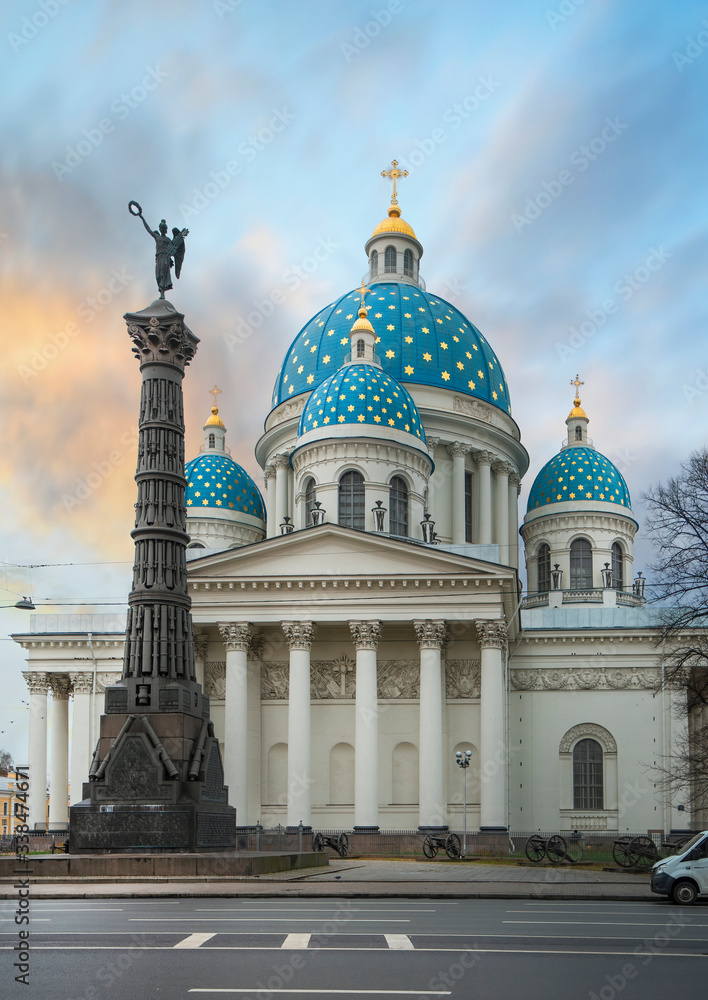 The Trinity Izmailovo Cathedral (Troitsky sobor; Troitse-Izmailovsky sobor), sometimes called the Troitsky Cathedral, in Saint Petersburg, Russia at sunset.