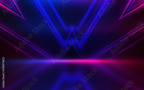 Empty dark abstract background. Background of empty show scene. Glow of neon lights and neon figures on an empty concert stage. Reflection of light on the pavement. © Laura Сrazy