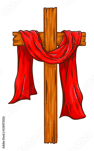 Christian Wooden Cross With Red Cloth