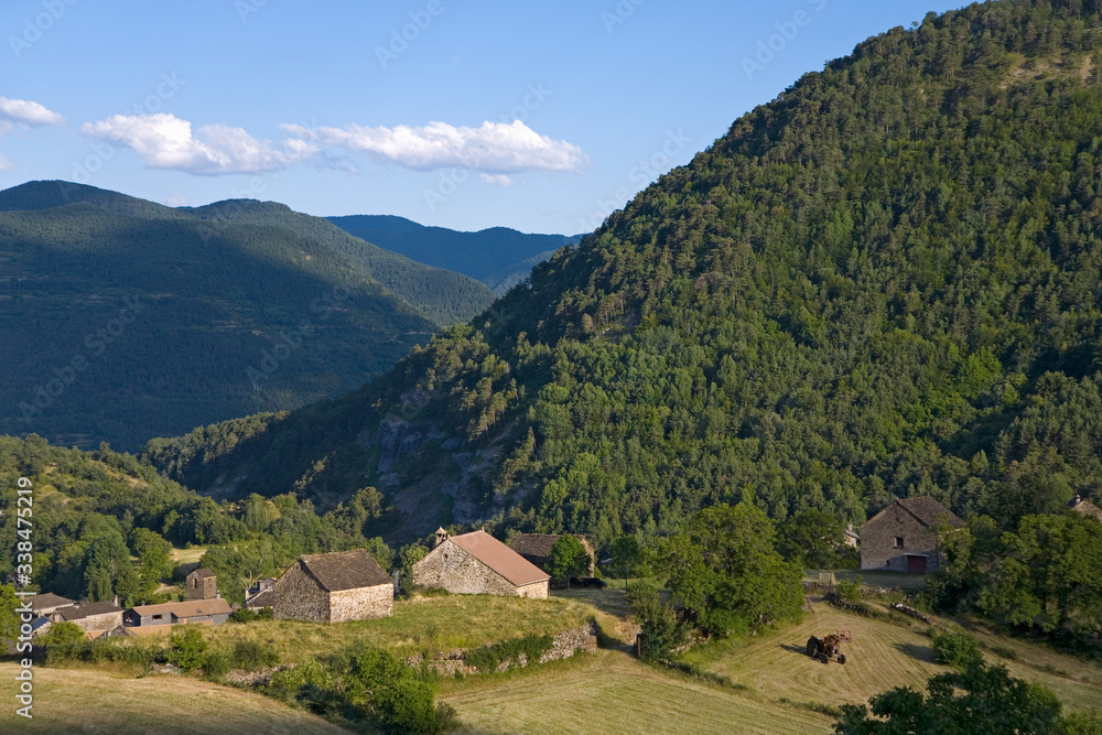 Beautiful village in valley in Aragon, in the Pyrenees Mountains, Province of Huesca, Spain