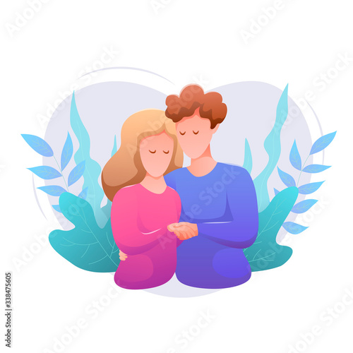 Family day flat design isolated banner. Happy young man and woman hug each other. Tender relationships against the background of plants. Mothers day. Romantic modern vector illustration.
