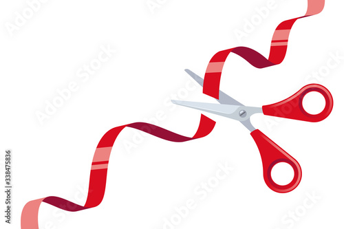 Cut Red Ribbon and Stainless Steel Scissors with Red Handles over White Background