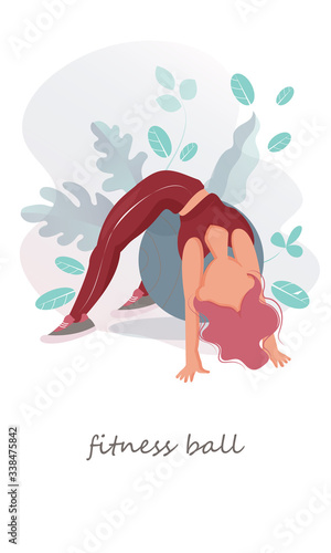 Sport.Girls.Fitness ball exercises.Modern flat.Vector illustration.