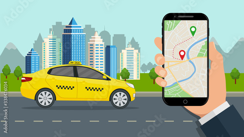 Taxi service with phone in hand. Flat urban background with sedan cab and online traffic with location in map. Man calls yellow auto in smartphone application. Travel concept. vector illustration.