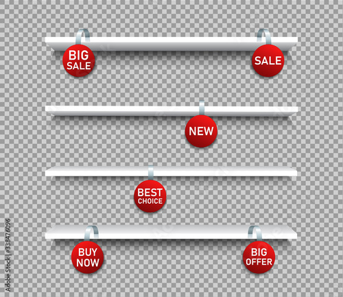 3d shelf strip with hanging sale wobler. Set danglering point sign for supermarket on transparent background. Mockup blank shelves with tag for advertising. Realistic offer price template. vector