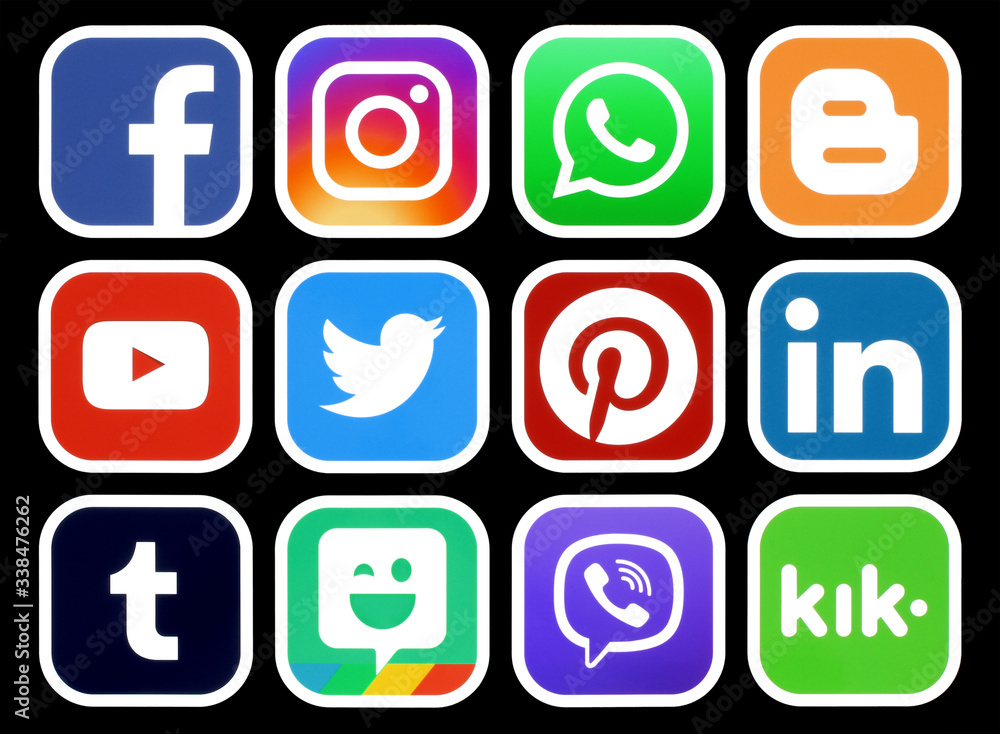 Popular social media icons with white rim on black background Stock