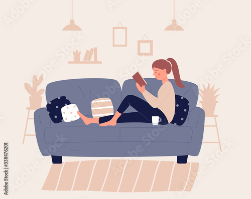 Girl sitting on sofa or couch with pillow ond read book. Young woman resting in cozy atmosphere of her room, apartment, home. Relax concept character flat design vector illustration, modern lifestyle