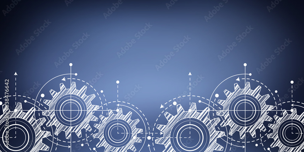 Technological background .Technical drawing of gears .Rotating mechanism of round parts . Vector illustration. Technological background .Technical drawing of gears .Rotating mechanism of round parts . Vector illustration.