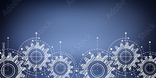 Technological background .Technical drawing of gears .Rotating mechanism of round parts . Vector illustration.	