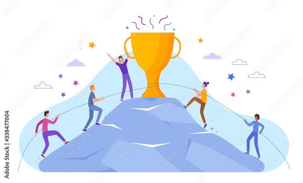 Business people characters climb to top peak award cup poster banner website vector illustration. Leadership and teamwork, Team leader already at top, motivate to success, award trophy, competitive. Business people characters climb to top peak award cup poster banner website vector illustration. Leadership and teamwork, Team leader already at top, motivate to success, award trophy, competitive.