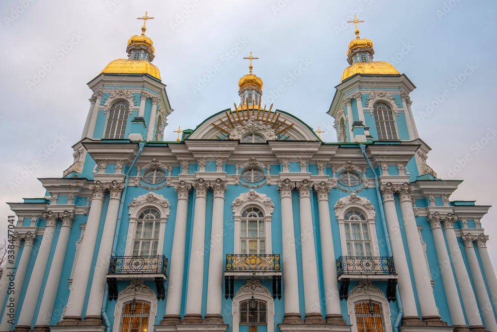 Naval Cathedral of St Nicholas (Sailors Cathedral) with the golden domes, located in Glinki street, Saint Petersburg, Russia. Nikolo-Bogoyavlenskiy Morskoy Sobor