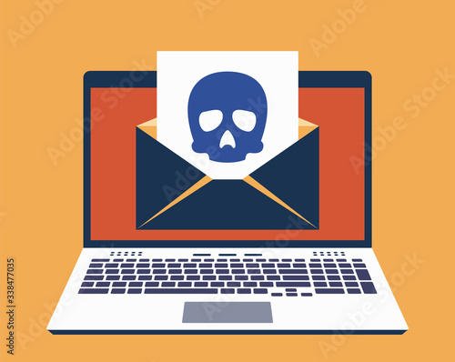Laptop, E-Mail on Its Screen and Paper Leaf With Icon of Skull on It. Computer Virus Infected Mail Concept. Vector Illustration in Flat Design Style
