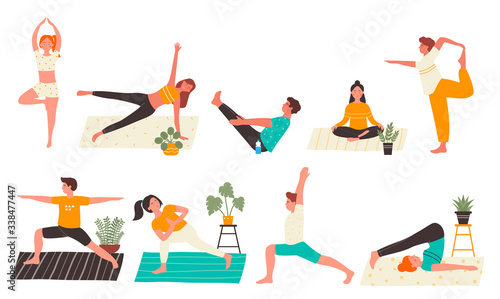 Young people in yoga poses set flat vector illustration isolated on white background. Yogi Man and woman training at home doing main yoga exercises. Personal trainer, workout class, healthy lifestyle.