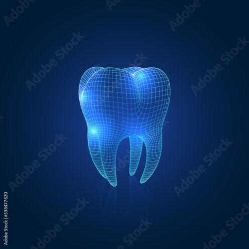 Dark Blue Abstract Vector Wireframe Polygonal Mesh Tooth With Reflection, Three-Quarter Front Angle View