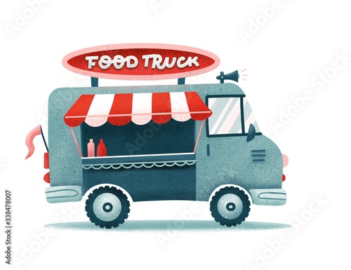 Opened street food truck with Awning, striped tent. Flat illustration isolated on white background. Lettering signboard. Textured flat hand drawn illustration.