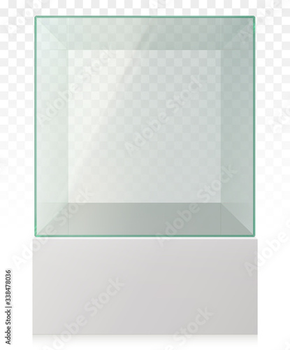 Vector Realistic Empty Transparent Glass Cube on Pedestal
