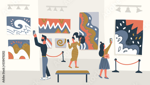 Contemporary abstract art museum concept. Exhibition visitors looking at the painting hanging on gallery wall, people viewing museum exhibit. Vector flat illustration.