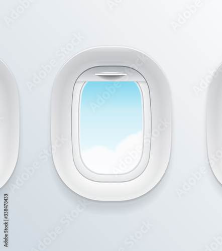 Realistic Detailed 3d Airplane Window with Blue Sky View. Vector