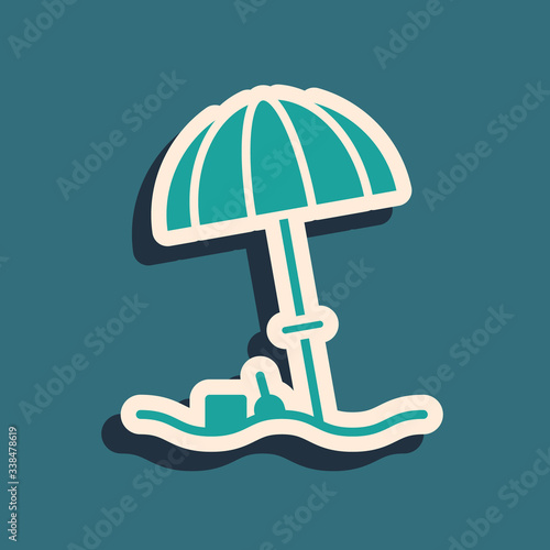 Green Sun protective umbrella for beach icon isolated on green background. Large parasol for outdoor space. Beach umbrella. Long shadow style. Vector Illustration