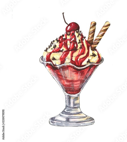 ice cream with strawberry syrup and chocolate illustration 