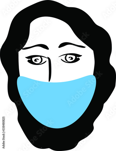 girl, woman with black hair in medicine mask hand drawn on white background. health, fashion, portrait Concept for logo, print , icon 