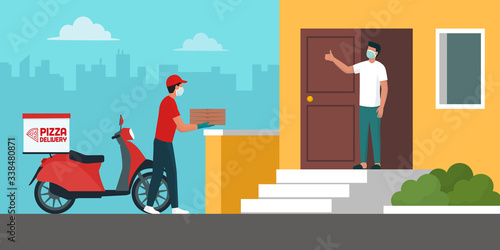 Safe pizza delivery at home during coronavirus covid-19 epidemic
