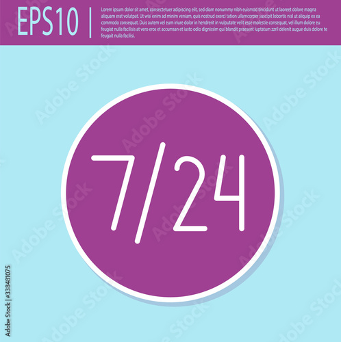 Retro purple Clock 24 hours icon isolated on turquoise background. All day cyclic icon. 24 hours service symbol.  Vector Illustration