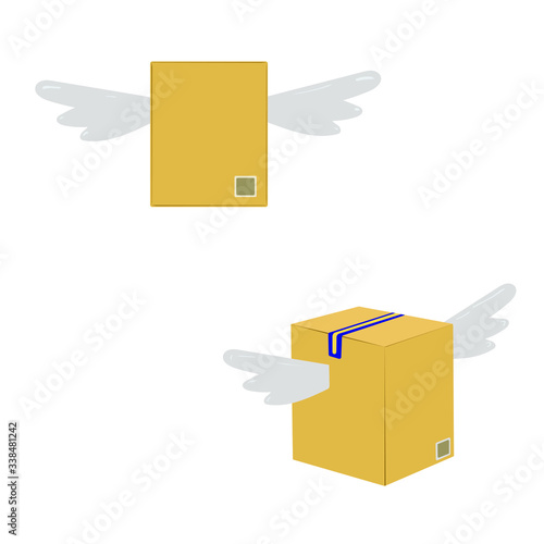 Vector illustration of box with wings, the sign of a contactless delivery. Logo and icon of the shipping service.