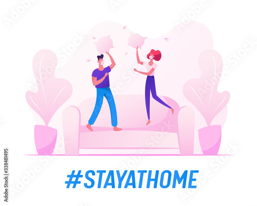 People Fooling, Having Fun during Quarantine Covid 19 Self Isolation at Home. Male and Female Characters Jumping on Sofa Fighting with Pillow, Couple Jump on Couch in Room. Cartoon Vector Illustration